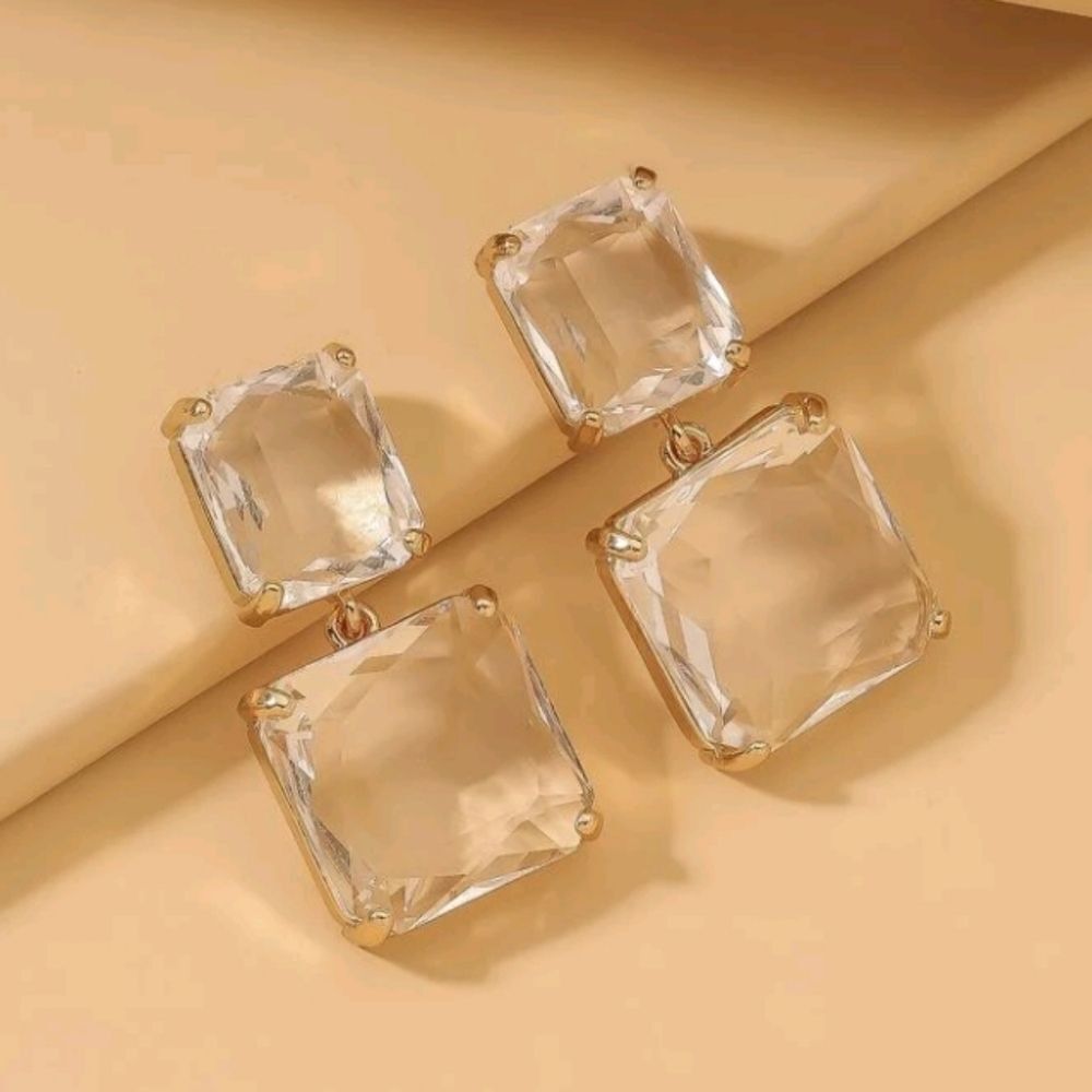 Gold plated double square clear resin drop earrings